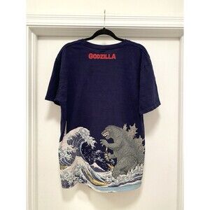 Godzilla Hokusai Wave Mt Fuji Graphic T-Shirt Mens XXL Blue Short Sleeve Anime